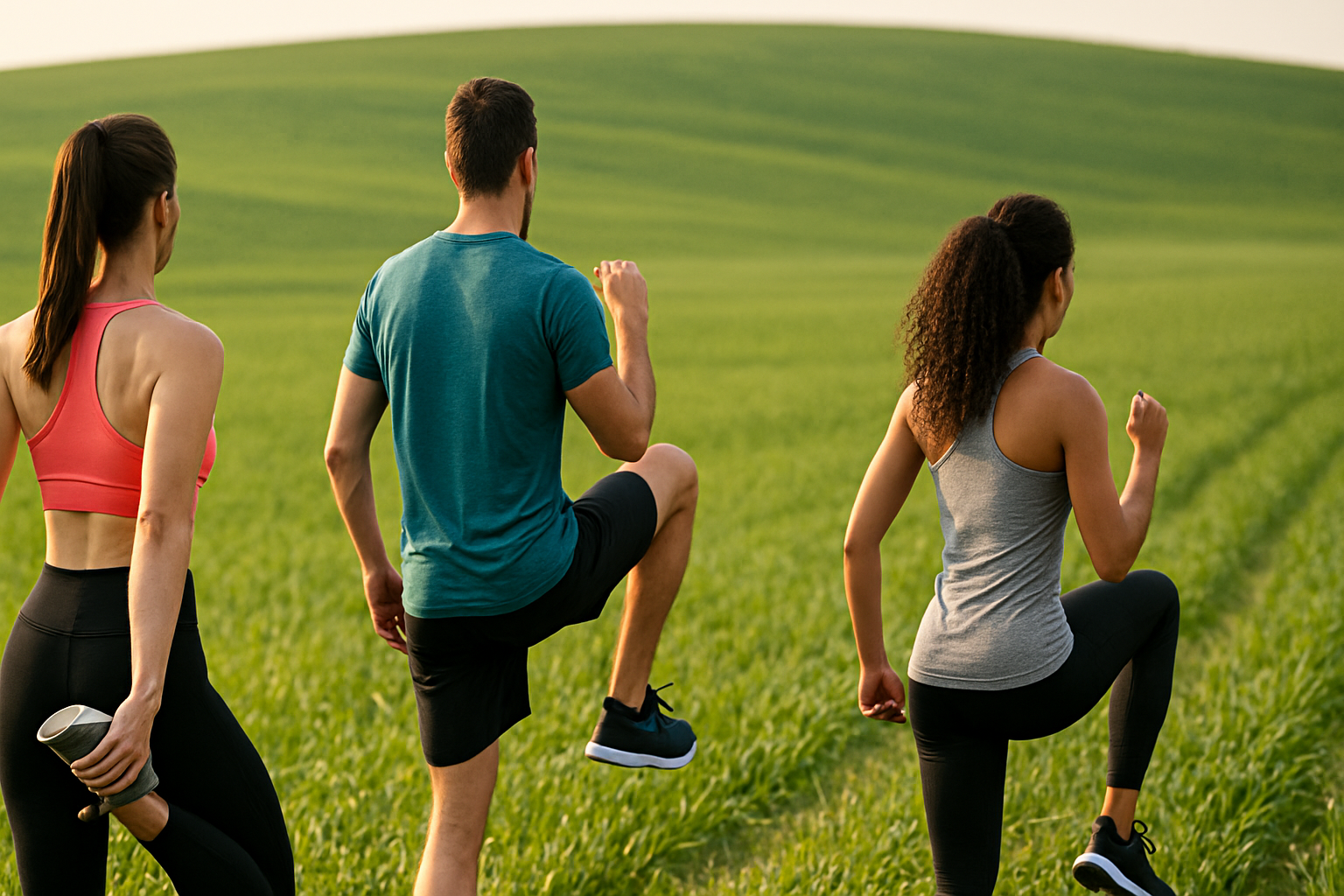 Estilo de vida activo gracias a una alimentación con pollo nutritivo y saludable Personas haciendo ejercicio en un campo verde, representando los beneficios de consumir pollo nutritivo y saludable
